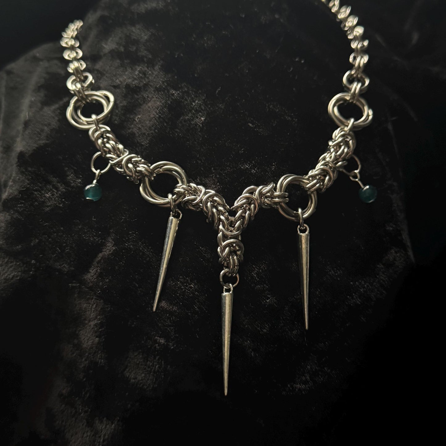 Chainmail silver spiked necklace with blue beading