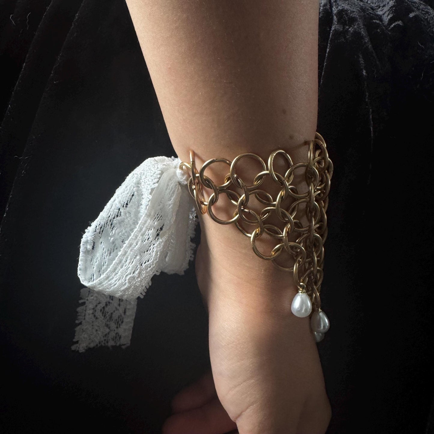 gold chainmail arm cuff bracelet with lace