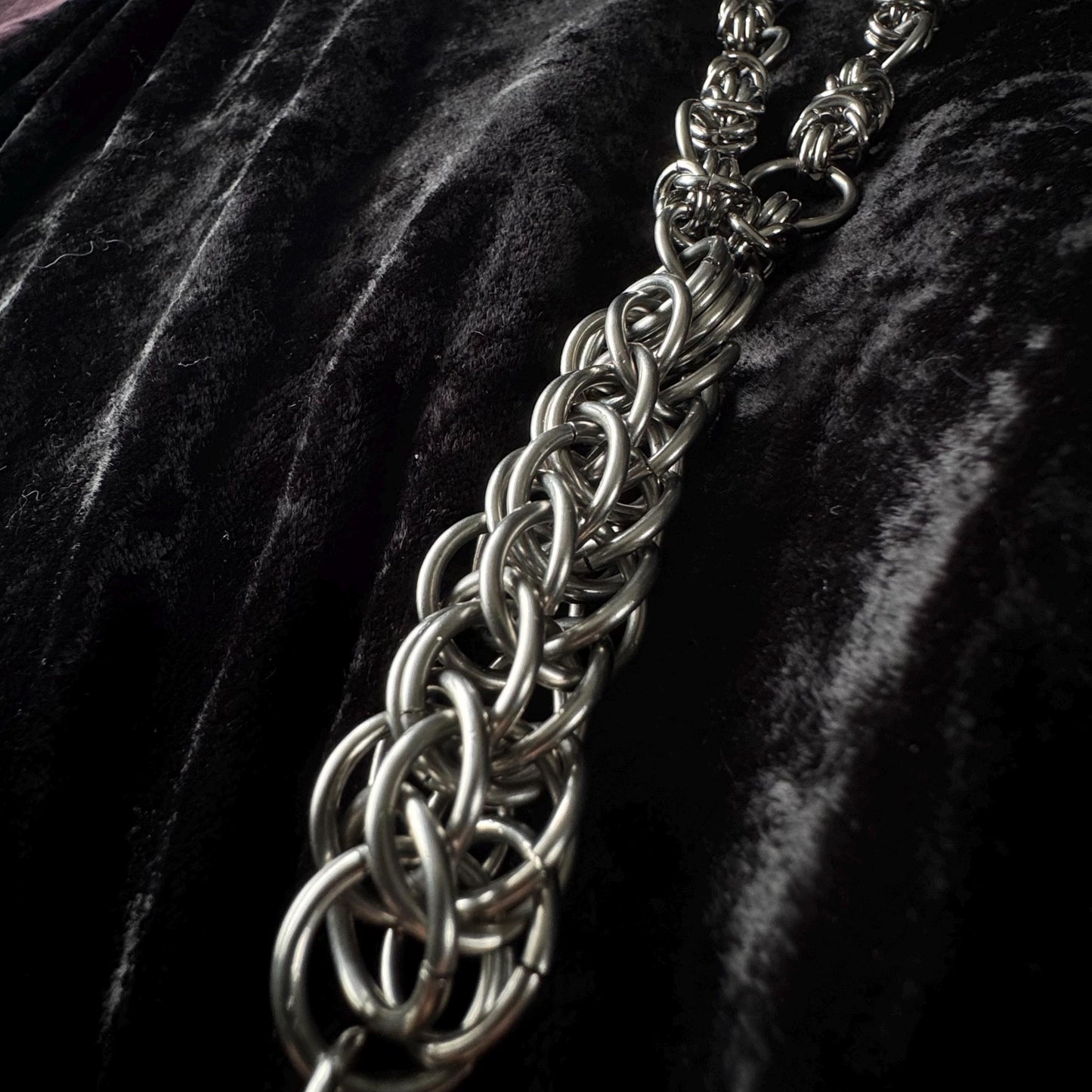 long pendant necklace with cat sword pendant, Chainmail medieval rosary
