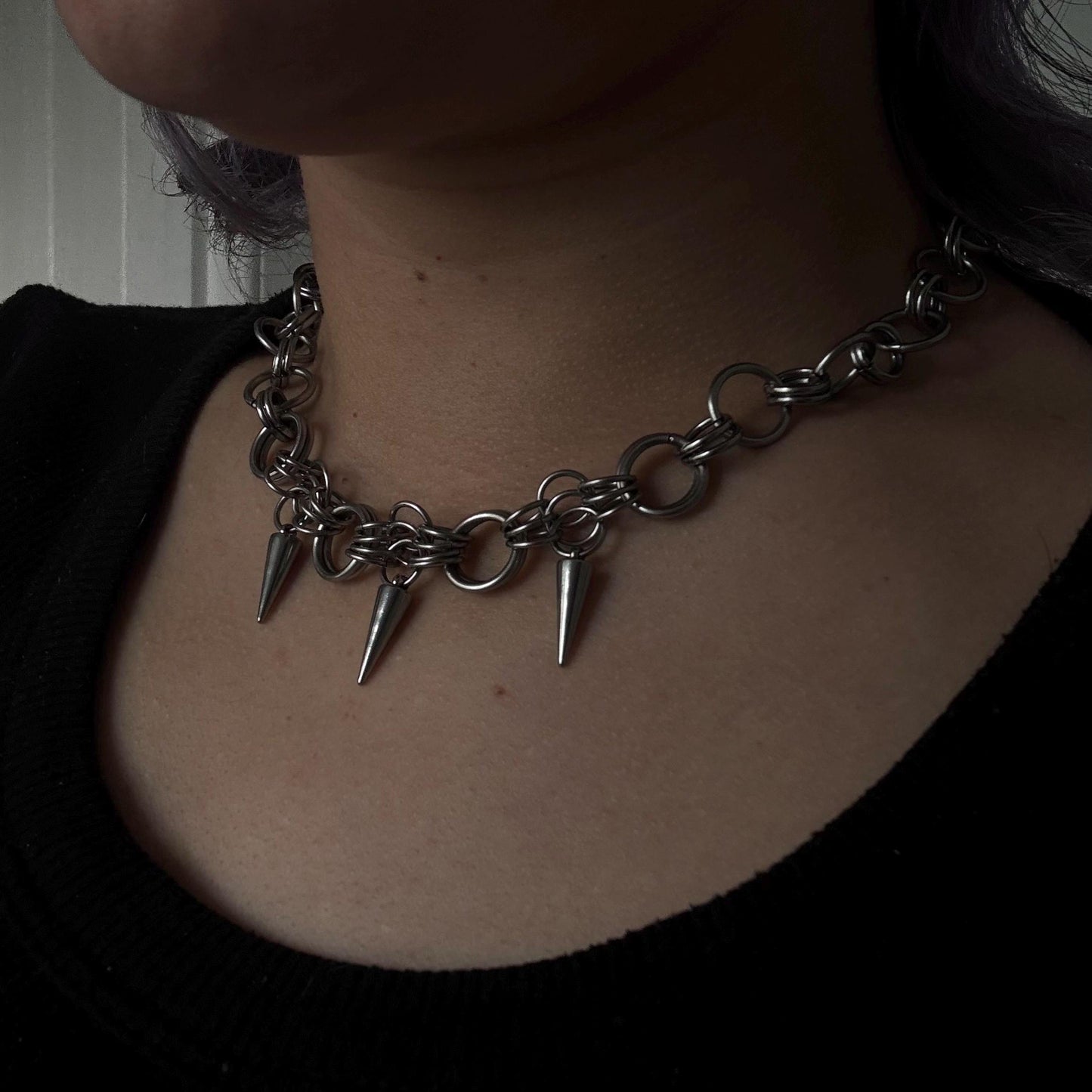 Chainmail stainless steel  spiked choker necklace