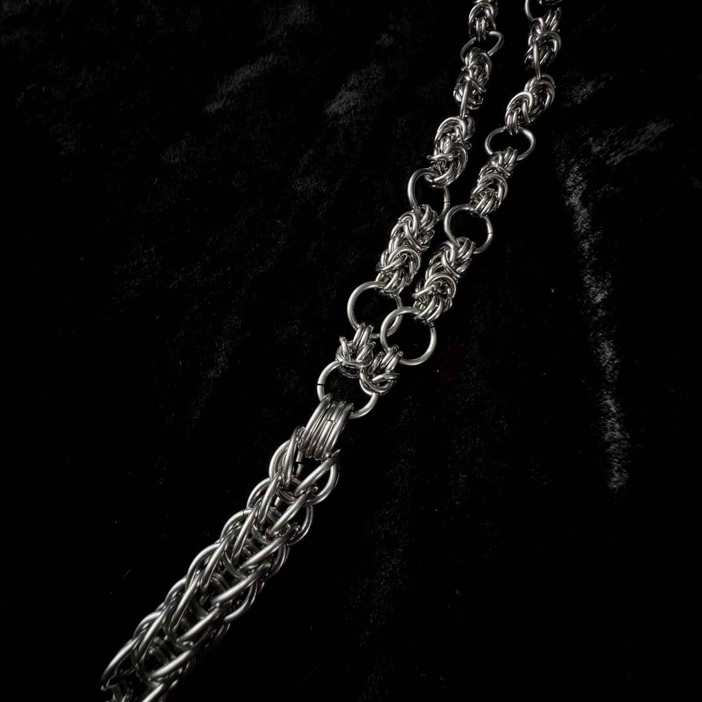 long pendant necklace with cat sword pendant, Chainmail medieval rosary