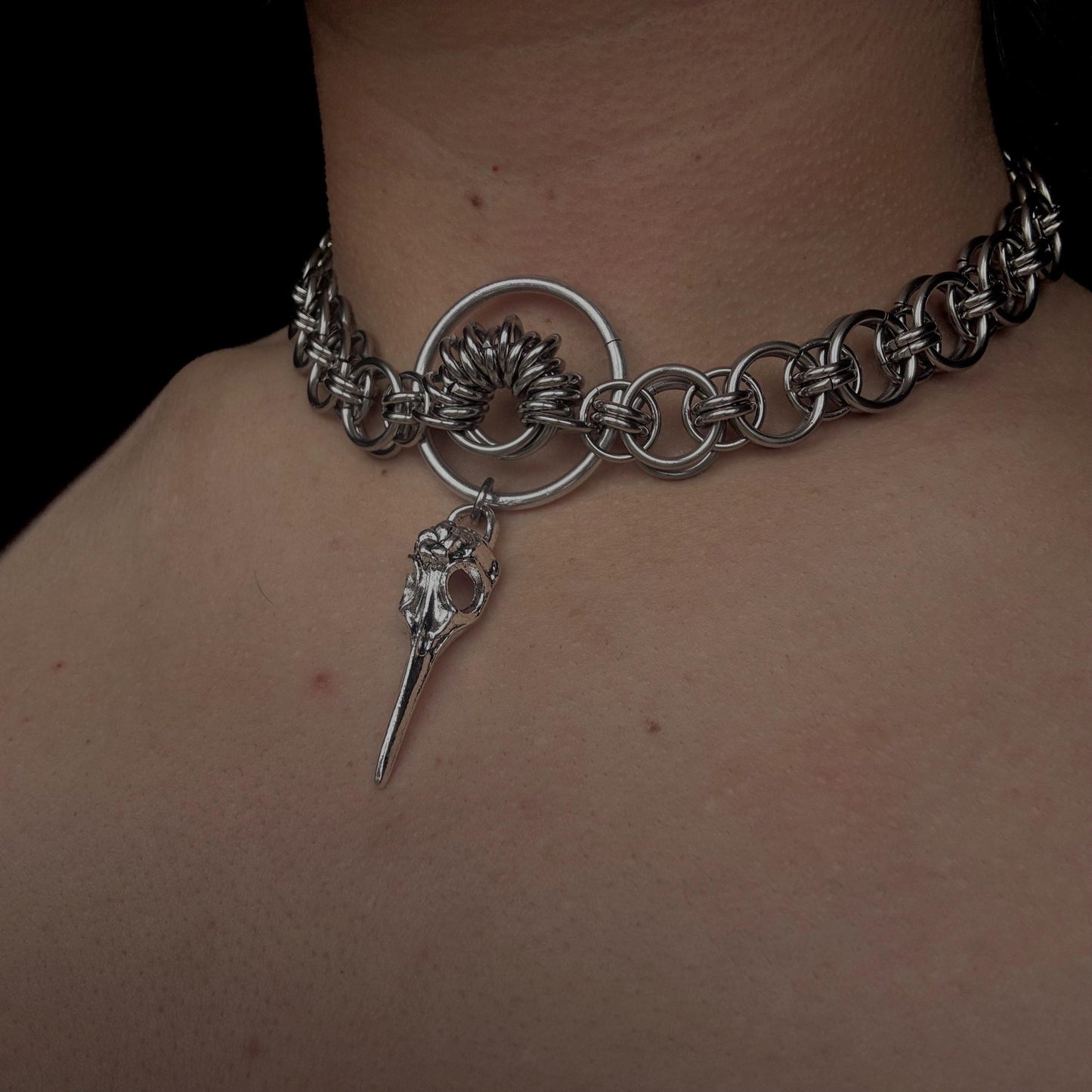 chainmail bird skull choker necklace