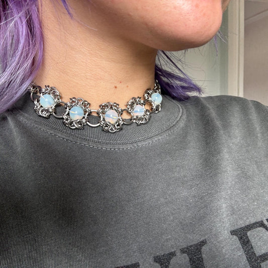 opalite Chainmail stainless steel choker necklace with (optional) matching earrings