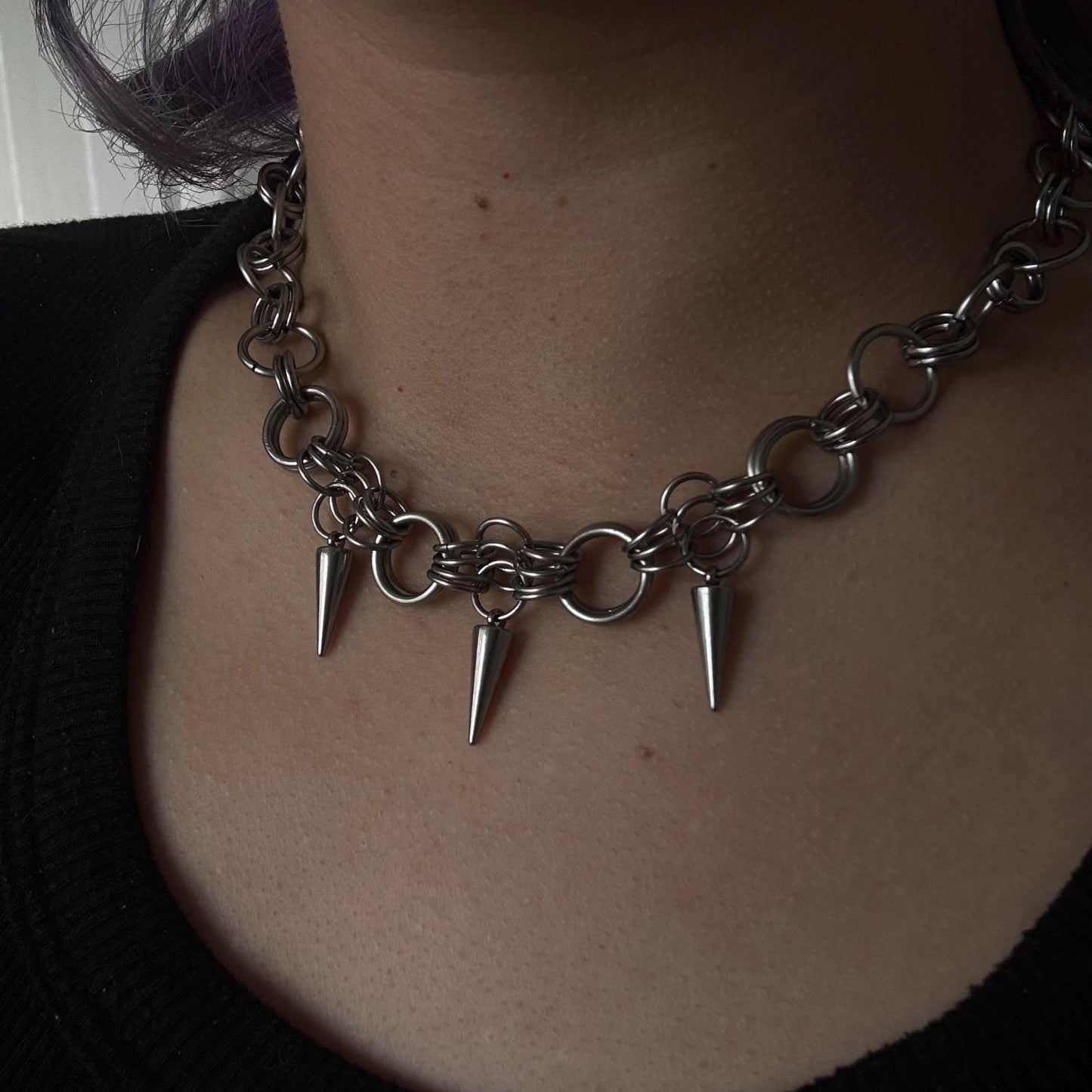 Chainmail stainless steel  spiked choker necklace