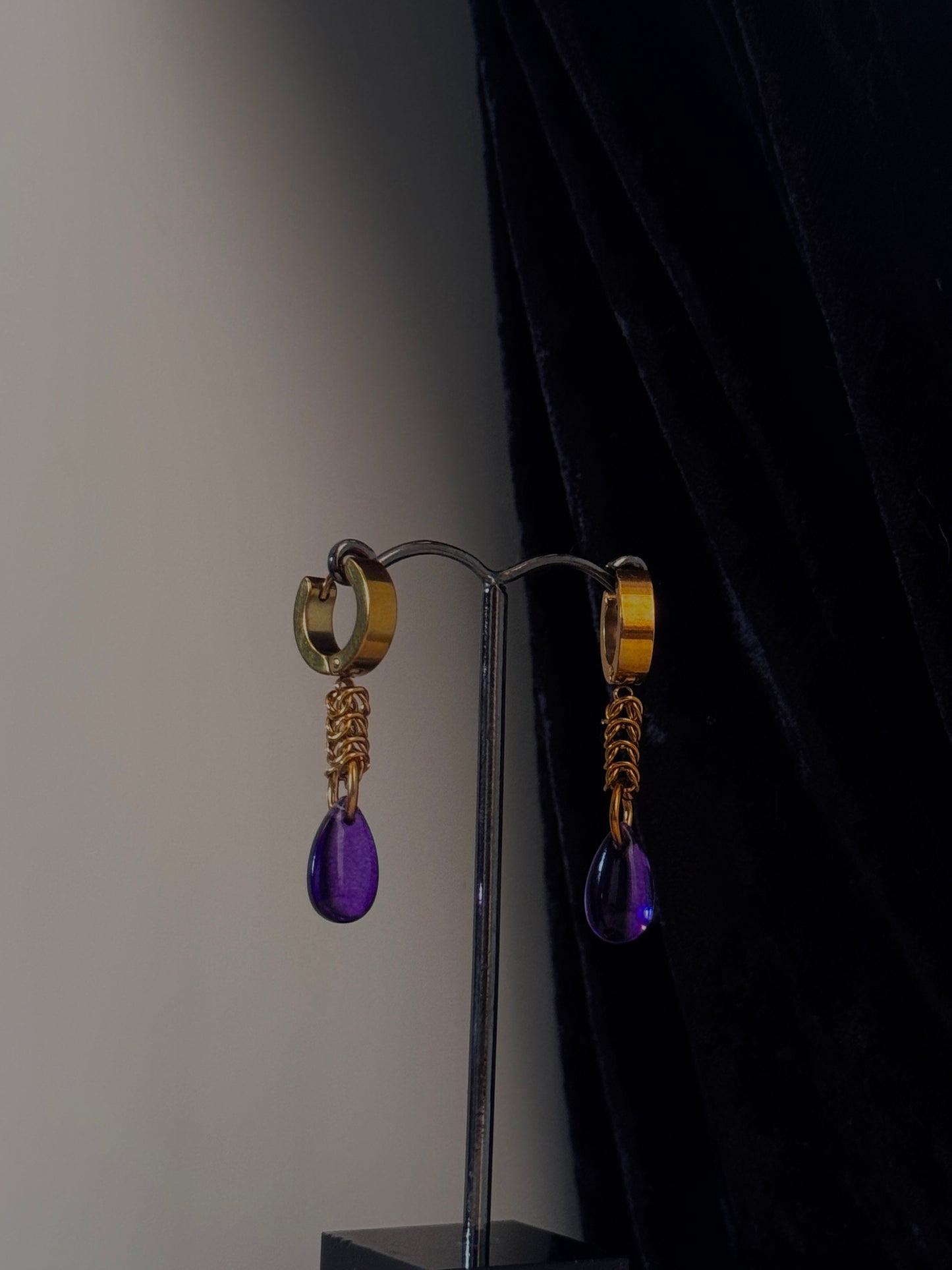 Gold plated purple teardrop earrings