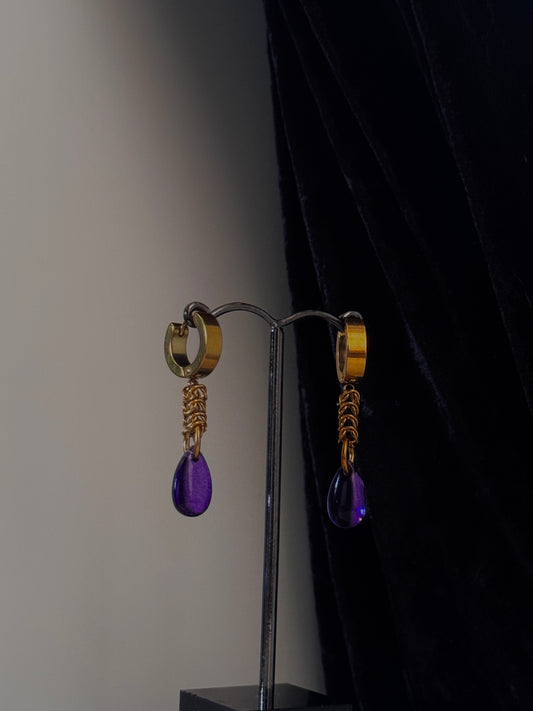 Gold plated purple teardrop earrings