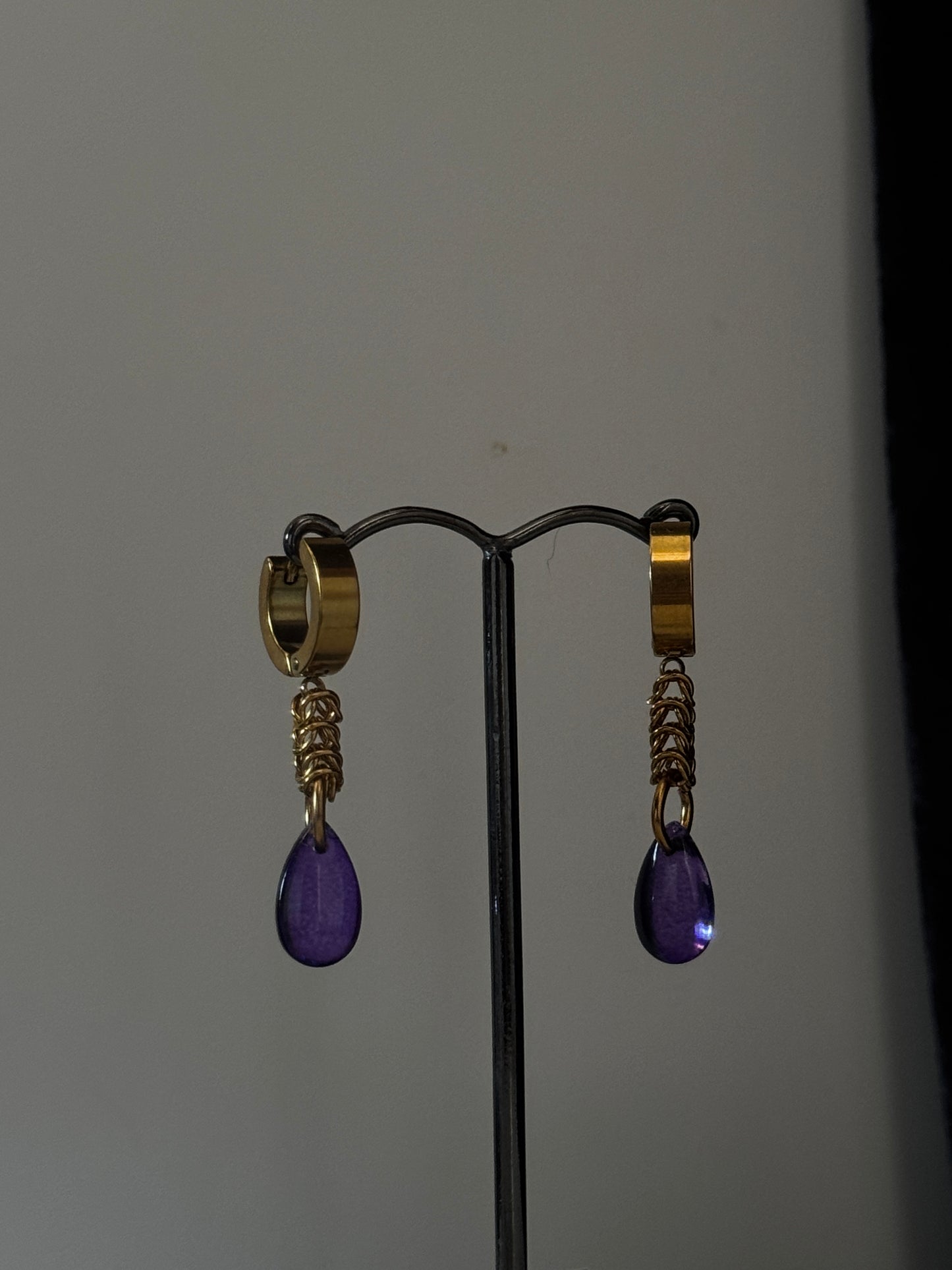 Gold plated purple teardrop earrings