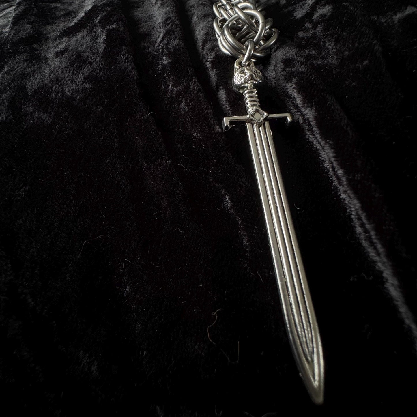 long pendant necklace with cat sword pendant, Chainmail medieval rosary