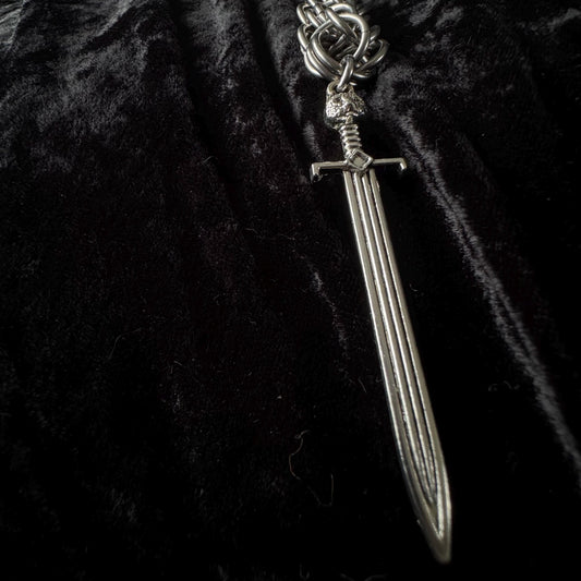 long pendant necklace with cat sword pendant, Chainmail medieval rosary