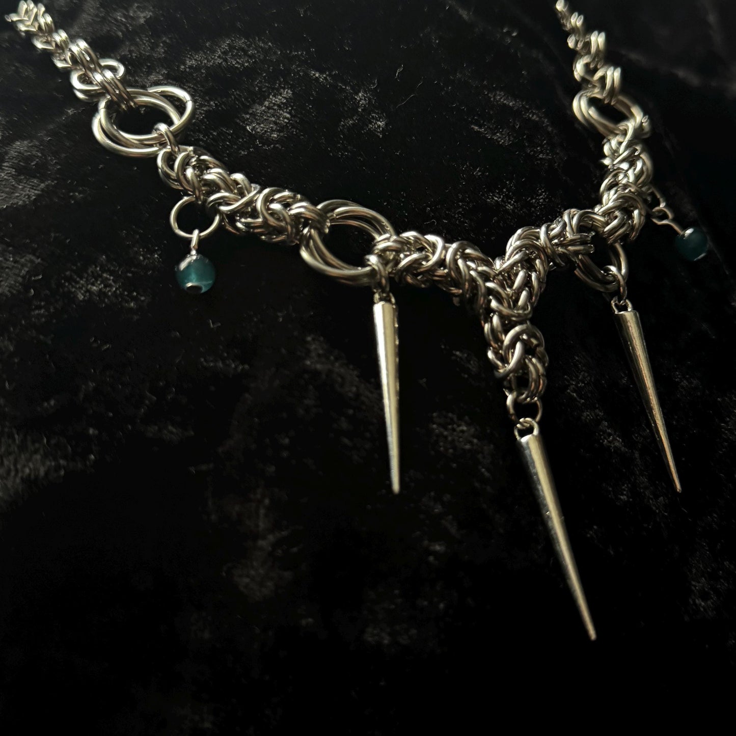 Chainmail silver spiked necklace with blue beading