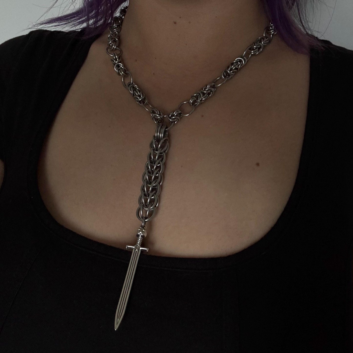 long pendant necklace with cat sword pendant, Chainmail medieval rosary