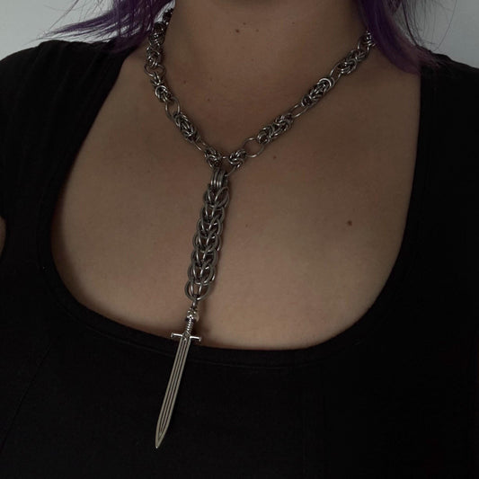 long pendant necklace with cat sword pendant, Chainmail medieval rosary