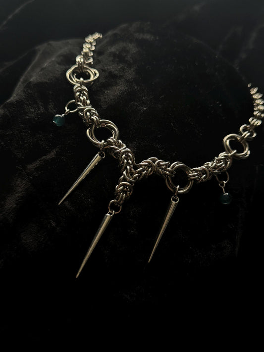 Chainmail silver spiked necklace with blue beading